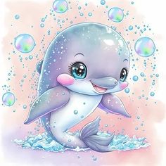 a cartoon dolphin with bubbles around it