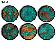 four coasters with turquoise and brown designs on the front, one has an animal in it