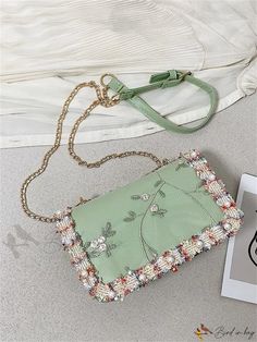 Bird in Bag - Ace Embroidered Detailed Single Shoulder Bag, New New Green, Bag Bag, Bird In Bag, Square Bag, Shoulder Bag Women, Luggage Bags, Faux Pearl, Bags Women, Color Blocking