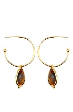 Tear-shaped tiger's-eye drops are suspended from polished hoop earrings gleaming in 14-karat-gold plating. 1.65" hoop diameter
 Post back 14k-gold plate/tiger's eye Imported Brown Teardrop Hoop Earrings For Gift, Elegant Small Brown Hoop Earrings, Gold Faceted Teardrop Hoop Earrings, Brown Metal Hoop Earrings, Brooks Running Shoes Women, Tiger Eye Earrings Jewelry, Brooks Running Shoes, Eye Drops, Brown Earrings