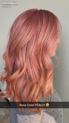 Strawberry Peach Hair Color, Red And Peach Hair, Strawberry Blonde Pink Hair, Rose Gold Peach Hair, Coral Blonde Hair, Rose Peach Hair, Peach Hair Dark Roots, Copper Pink Balayage, Pink Strawberry Blonde Hair