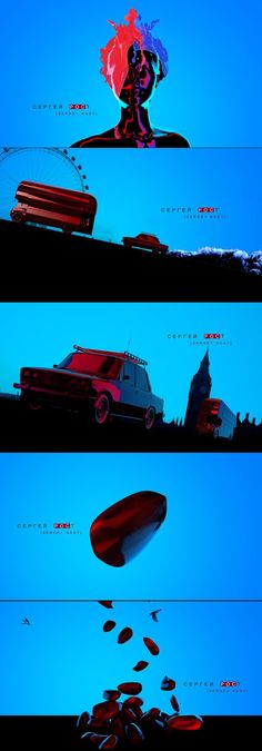 the silhouettes of two cars are shown in three different images, one is red and blue