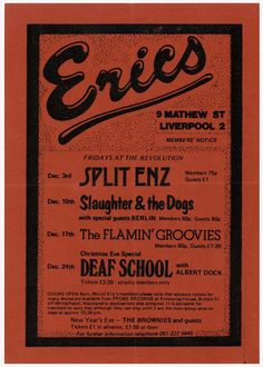 an old concert poster with the words erics written in black and red on it