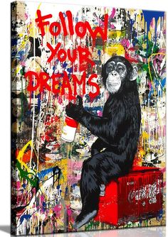 a painting of a monkey sitting on top of a red box with graffiti all over it