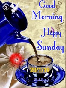 a cup of coffee being poured into it with the words, good morning happy sunday