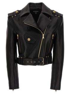 'Biker' leather biker jacket, zip closure, belt at the waist, pockets, long sleeves, logo buttons. Composition: 100% lamb leather (Ovis Aries) Brittany Costume, Short Biker, Balmain Jacket, Balmain Blazer, Lambskin Jacket, Womens Biker Jacket, Balmain Paris, Pierre Balmain, Belted Jacket