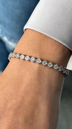 METAL:  14K WHITE GOLD .585    COLOR:  SILVER   STONES:  NATURAL WHITE DIAMONDS   SIZE:  7" LENGTH (custom sizes available upon request) Wedding Jewelry Bracelets, Diamond Flower, Wedding Bracelet, Diamond Sizes, Tennis Bracelet, White Diamonds, Flower Shape, Diamond White, Diamond Bracelet