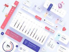 an image of various dashboards and statistics on a white background with blue, pink, red and purple colors