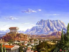 a painting of an ancient city with mountains in the background and trees on the foreground