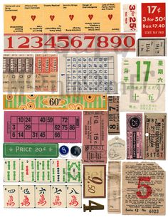 an assortment of numbers and stickers on a white background