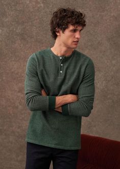 Spike Henley - Green - Organic Cotton - Sézane Mens Aesthetic, Knit Men, Green Cotton, Parisian Style, Denim Wash, Wardrobe Essentials, Cotton Material, Green And Grey, Men Sweater