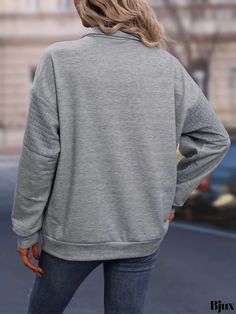 Bjux - Premium Womens Half Zip Pullover Sweatshirt with Kangaroo Pocket, Perfect for Fall and Winter Casual Wear - Solid Colored Gray Tops With Pockets For Fall, Leisure Solid Tops With Pockets, Solid Leisure Tops With Pockets, Solid Tops With Pockets For Leisure, Comfortable Leisure Tops With Ribbed Cuffs, Solid Color Tops With Pockets For Leisure, Gray Fleece Tops With Ribbed Cuffs, Casual Plain Fleece Tops, Gray Long Sleeve Fleece Top