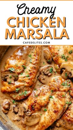 creamy chicken marsala with mushrooms and parsley in a skillet