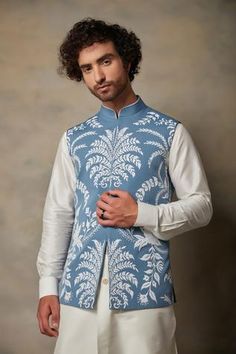 Shop for Gargee Designers Blue Polyester Viscose Floral Applique Bundi And Kurta Set for Men Online at Aza Fashions Kurta Set For Men, Applique Work, Silk Kurta, Nehru Jackets, Applique Embroidery, Embroidered Applique, Kurta Set, Floral Applique, Full Sleeves