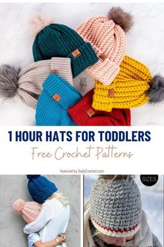 These are easy crochet hat patterns for kids, that are simple and quick enough to make in 1 hour! The crochet hats are soft and cosy. Visit dailycrochet.com for more easy and free crochet patterns. Crochet Kids Hats Free, Crochet Boys Hat Free Pattern Kids, Crochet Hats For Toddlers Free Patterns, Crochet Childs Hat, Crochet Hats For Toddlers, Toddler Boy Crochet Hat, Crochet Hats For Boys Free Pattern, Easy Crochet Toddler Hat, Toddler Crochet Patterns Free