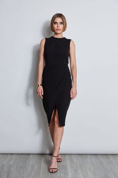 Go all in on chic with our Dart Neck Dress. Figure skimming & decidedly cool, its minimalist design with its sculpted dart neckline features side pleats that accentuate your figure. Designed in our signature Fluid Crepe, you will love the look & feel of this standout dress. Elie Tahari Exclusive Fitted Bodycon Fluid Crepe Dress with Neck Dart Detailing 70% Triacetate, 30% Polyester Runs true to size. Length From Shoulder to Hem: Back 43.1"L (approx. length for size 6) Model is 5'9" and wearing s Classic Ruched Midi Dress For Work, Chic Ruched Midi Dress For Work, Fitted Asymmetrical Pleated Midi Dress, Asymmetrical Pleated Fitted Midi Dress, Chic Ruched Midi Dress For Office, Sheath Midi Dress With Pleated Back For Work, Chic Dress With Pleated Back For Work, Chic Pleated Back Dress For Work, Pleated Dress With Asymmetrical Hem For Work