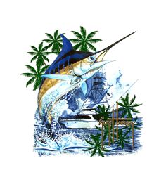 a blue marlin fish leaping out of the water with palm trees in the background