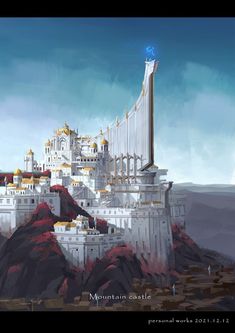 an artistic painting of a castle on top of a mountain