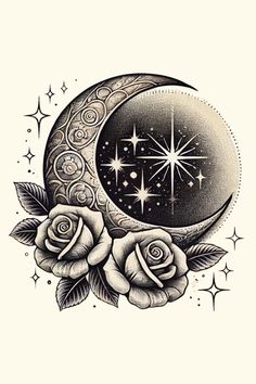 a tattoo design with roses and the moon on it's side, in black and white