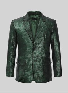 Enable your fashion status and stand out as a true trendsetter with our Croc Metallic Green Western Leather Blazer. This exquisite piece exudes elegance and style, ensuring you become the most charming presence in any room. Craft a truly remarkable ensemble with our leather blazer, destined to become a standout couture piece in your wardrobe. 
  Made Using Pure Napa Sheep Skin Leather.  Look Includes   Croc Metallic Green Leather Color  Two Button Jacket Style  Double Vent  Western Leather Blaze Elegant Green Evening Blazer, Green Luxury Blazer For Formal Occasions, Luxury Green Formal Blazer, Elegant Formal Blazer With Leather Lining, Classic Leather Party Blazer, Elegant Leather Blazer With Leather Lining, Classic Leather Blazer For Party, Elegant Leather Evening Blazer, Elegant Leather Blazer For Evening