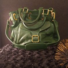 Rebecca Minkoff Green, Leather Double Handled Purse With Removable Strap, This Beauty Is An Excellent Statement Piece For All Seasons!! Rebecca Minkoff Bag, Green Leather, Leather Purse, Green Gold, Rebecca Minkoff, Leather Purses, All Seasons, Green And Gold, Shoulder Bags