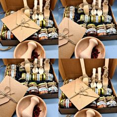 four pictures show the contents of an open gift box with spoons and forks in it