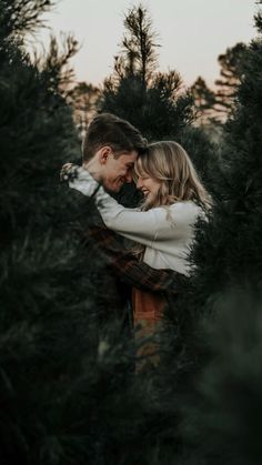 a man and woman hugging in the middle of pine trees at sunset, with their arms around each other