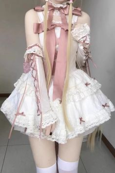 Pink/White Ribbon Embroidery Bowknot Lace-Up Sweet Elegant Princess L – LolitaInside Dress Ribbon, Dolly Dress, Pink And White Dress, Combo Dress, Kawaii Fashion Outfits, Vintage Gowns, Soft Clothes, Aesthetic Clothing, Big Bow