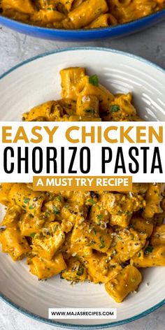 easy chicken chorizzo pasta recipe on a white plate with the title text overlay