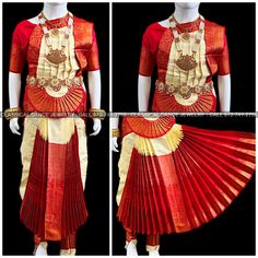 Design by Classical Dance Jewelry® ❥ Traditional Bharatanatyam costume wore during regular dance programs or arrangetram performance. ❥ Material : Art Silk ❥ Type : Traditional pant costume ❥ Easy to wear ❥ layer front fan  30 inch PANT LENGTH Dress Measurements ( all the measurements approximately 1 -2 margin buffer) Age: 7 - 9 yrs  ❥ PANT MEASUREMENTS:   ☛ Pant Length: 29-30 inch   ☛ Pant Waist: 27-28 inch   ☛ Pant Hip: 28-29 ❥ BLOUSE MEASUREMENTS :   ☛ Blouse length: 10-11 inch   ☛ Blouse Shoulder : 11-12 inch   ☛ Blouse around Bust: 25-26 inch   ☛ Blouse Lower Chest: 23-24 inch   ☛ Blouse Sleeves length: 5-6 inch   ☛ Blouse sleeve round: 9 - 10 inch   ☛ Blouse armpit: 11 - 12 inch ❇️ ❇️ NOTE: FOR THIS SIZE DRESS BLOUSE COMES WITH NO DARTS ️ ❇️    Set includes     ☛ Pant, Blouse, Dhavan Traditional Ceremonial Churidar With Pallu, Ceremonial Art Silk Sets With Traditional Drape, Ceremonial Churidar With Pallu For Navratri, Anarkali Set With Traditional Drape For Puja, Gold Churidar For Puja And Transitional Festivals, Transitional Season Anarkali Set For Puja With Traditional Drape, Transitional Season Anarkali Set For Puja, Ceremonial Anarkali Churidar For Transitional Season, Ceremonial Anarkali Set With Traditional Drape