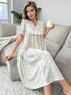 Contrast Ruffle Trim Floral Print Bubble Sleeve Nightgown For Women Apricot Romantic  Short Sleeve Woven Fabric Colorblock,Plain,Plants Nightgowns Non-Stretch All Women Sleep & Lounge, size features are:Bust: ,Length: ,Sleeve Length: Nighties For Women Romantic, Nighties For Women, Fabric Plants, Women's Nightgowns, Nightgowns For Women, Sleep Dress, Bubble Sleeve