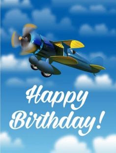 a happy birthday card with an airplane in the sky