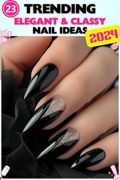 Black stiletto nails with glitter accent made from gel, featuring a glossy black color with glittery accents. Suitable for night outs or stylish events. Perfect for those looking for elegant classy nails with an edgy yet elegant vibe. Elegant Nails Classy Coffin Black, Black And Gold Nails New Years, Matte And Sparkle Nails, Glamorous Black Nails, New Years Eve Wedding Nails, Nail Designs For Formal Events, Wedding Nails For Black Dress, Ombre Stiletto Nails Long