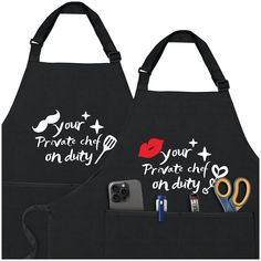 two black aprons with different designs on them