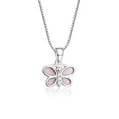 "Sterling silver pink butterfly charm necklace accented with sparkling CZs on a 14\" Italian Box Chain. This dainty necklace has matching pink butterfly earrings and ring available as well. Necklace comes in pink/black gift box and will be adored for years to come! Perfect keepsake she will treasure forever! FREE SHIPPING ON STANDARD ORDERS - Ships within 1 business day." Italian Chain, Unicorn Necklace, Butterfly Pendant Necklace, Kids Necklace, Childrens Jewelry, Rings For Girls, Butterfly Charm, Girls Toddler, Pink Butterfly