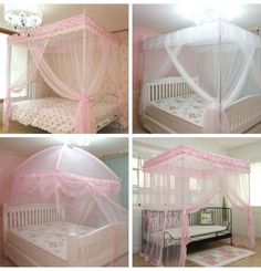 four different views of a baby's bed with mosquito netting