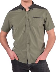 This attractive, super soft, silky smooth button-up casual shirt in earth tone colors combines comfort with stretch and durability.  Clean, bold, masculine--pure SpearPoint®.     - Short sleeve casualwear shirt for the office or school to social life, this is an everyday look to dress up or down, and overall enjoy casual comfort in style.      - Button-up, single pocket, hidden buttons for button down collar, slightly tapered fit - see size chart in images for exact measurements.      - Machine wash and dry, comes out of the dryer wrinkle free and ready to wear - no ironing necessary.      - 90% Polyester, 10% Elastane - Woven poly blend designed in USA for a lightweight, easy, and comfortable feel and fit.      - Weight: 115 GSM fabric, super-soft for all day comfort.  With every purchase Khaki Short Sleeve Button-up Shirt, Collared Olive Shirt With Button Closure, Olive Collared Shirt With Button Closure, Olive Button-up Shirt For Work, Olive Button-up Workwear Shirt, Earth Tone Colors, Mens Button Up, Children In Need, Stretch Shorts