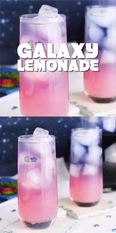 three glasses filled with pink liquid sitting on top of a white table next to each other