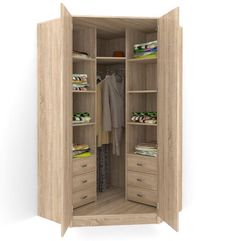 an open wooden closet with clothes and shoes