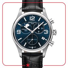 in stock Blue Leather Chronograph Watch For Formal Occasions, Classic Blue Leather Chronograph Watch, Leather Strap Watch, Three Hands, Moon Phases, Chronograph, Leather Straps, Black Leather, Water Resistant