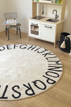 Round ABC Rug in Natural & Black design by Lorena Canals Lorena Canals Rugs, Kids Play Spaces, Playroom Storage, Lorena Canals, Playroom Design, Playroom Wall, Baby Play Mat, Playroom Decor, Washable Area Rugs