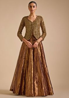 Gold Embroidered Skirt set with Jacket Prevasu - Fabilicious Fashion Jacket Lehenga Long Bridal, Kali Skirt Designs, Sharara Set With Jacket, Lehenga With Jacket And Dupatta, Lehenga With Jacket Style, Skirt Dresses Indian Wedding, Latest Indian Outfits 2024, Lehenga Designs For Winter, Ethnic Indo Western Outfits