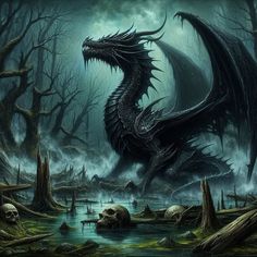 a black dragon sitting in the middle of a forest next to a body of water