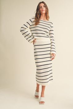 STRIPED KNIT SKIRT Features: Knit material Striped pattern Elastic waist Lined Fabric: 60% Cotton 40% Acrylic S3509ST Knitted Midi Skirt, Crocheted Dress, Knit Midi Skirt, Top Skirt Set, Skirt Sets, Long Sleeve Knit Tops, Knit Midi, Stripe Skirt, Crop Top Blouse