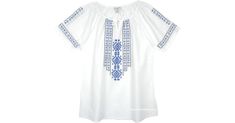 Bright White Tunic Top with Blue Cross Stitch Embroidery | Tunic-Shirt | White | Embroidered, Vacation, Beach Traditional White Embroidered Top For Vacation, Traditional White Top For Vacation, White Peasant Tops With Geometric Embroidery, White Bohemian Blouse With Machine Embroidery, White Peasant Top With Embroidered Neckline, Casual White Peasant Top With Embroidered Neckline, White Short Sleeve Tops With Embroidered Border, White Short Sleeve Top With Embroidered Border, Casual White Embroidered Peasant Top