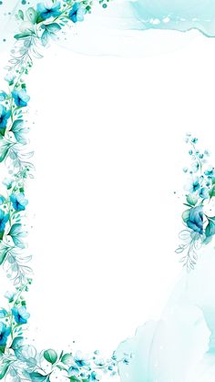 an artistic blue and white watercolor background with flowers in the corner, on top of a