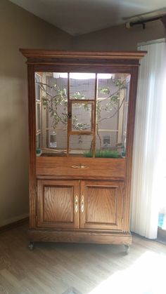 a large wooden cabinet with glass doors on the top and bottom, in front of a window