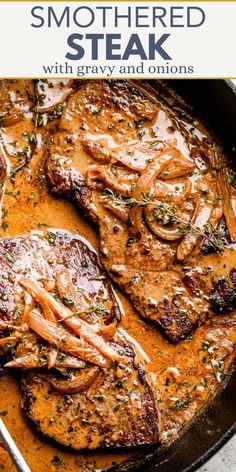 steaks with gravy and onions in a skillet on the stove text reads, how to make smothered steak steak with gravy and onions