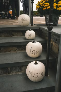 three white pumpkins with the words fall in love written on them sitting on some steps