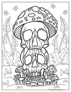 a coloring page with a skull and mushroom on it, in the middle of a field